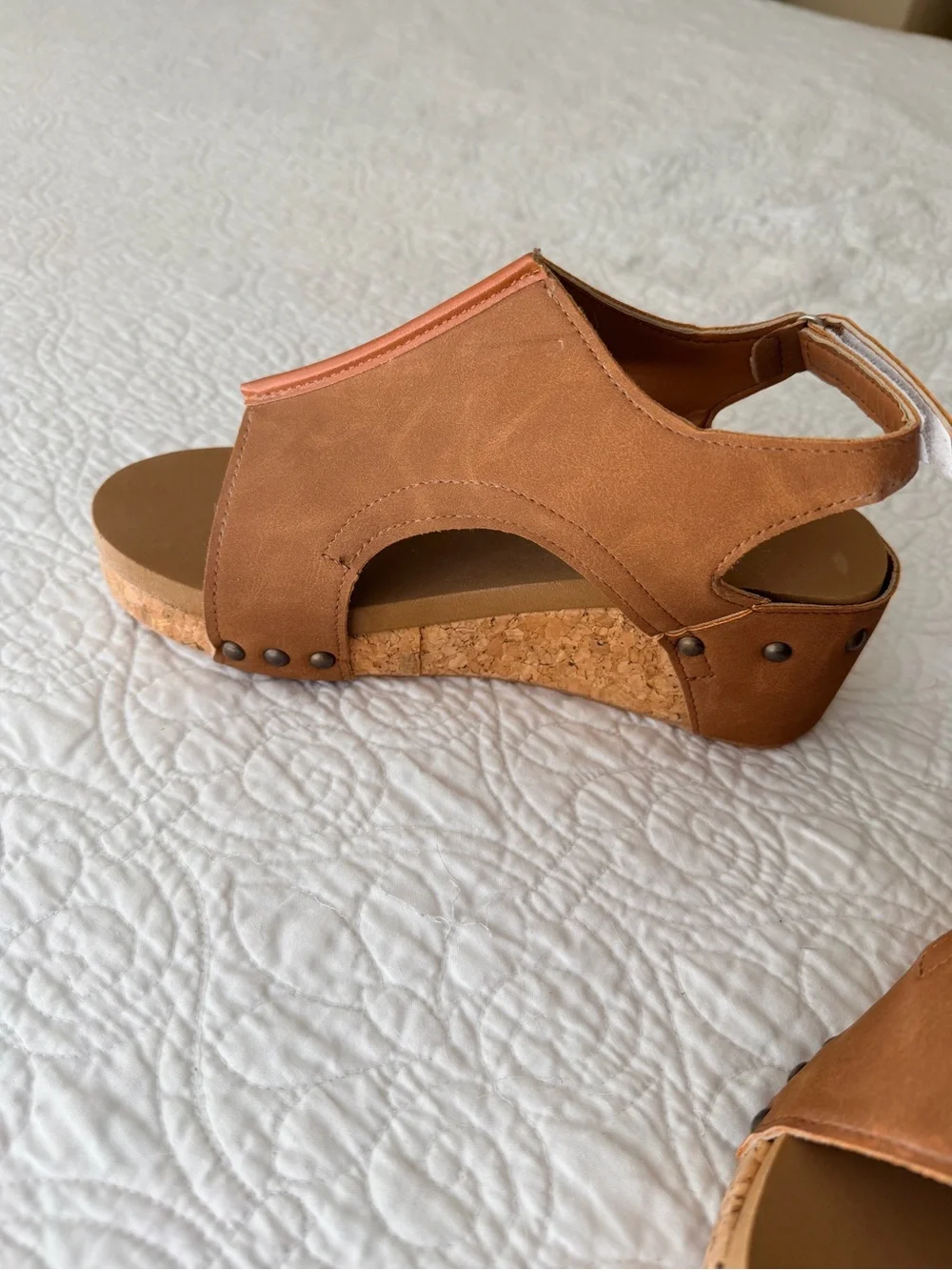 Brown Tan Cork Wedge Sandals with Back Strap